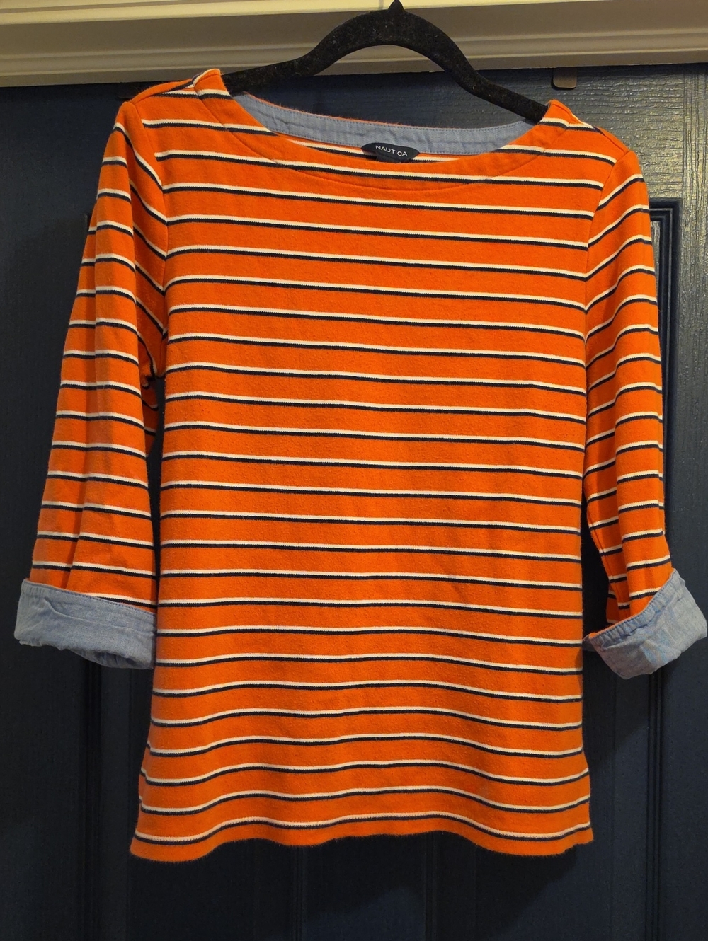Nautica Coral & Navy White Striped 3/4 Sleeve Top